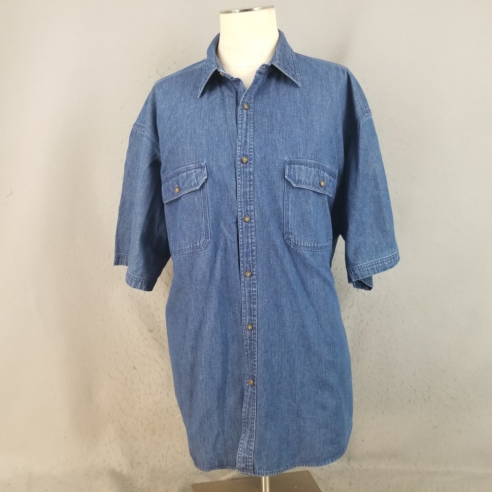 Faded Glory Button Down Mens 2XL Blue Denim Shirt Short Sleeve Heavy Workwear